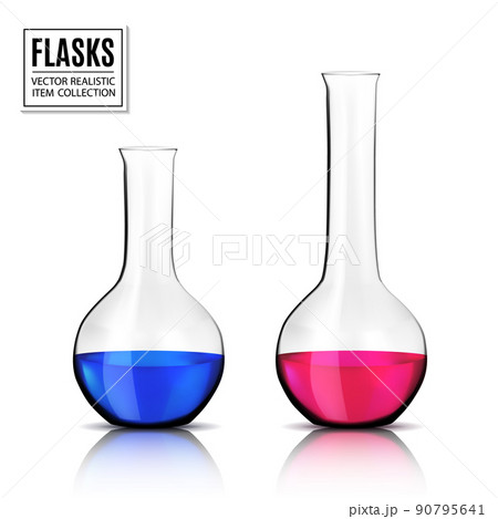 Round bottom chemical flasks - laboratory glassware, isolated on white background; 3d illustration, vector, eps 10 90795641