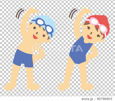 男孩和女孩在游泳前穿著學校泳衣做準備運動 90796603