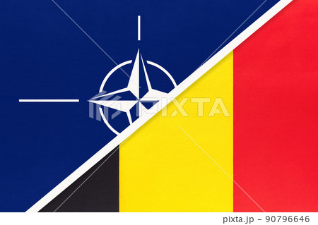 North Atlantic Treaty Organization or NATO vs Belgian national fabric flag. 90796646