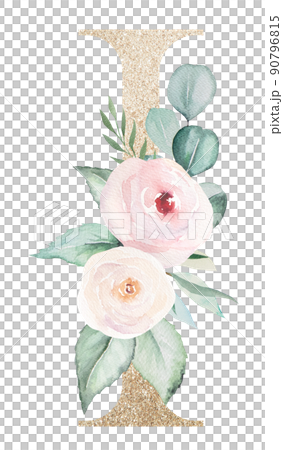 Light golden Letter I with watercolor roses and leaves. Pastel floral alphabet 90796815
