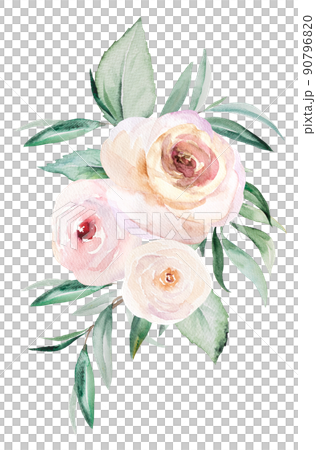 Watercolor light pink flowers and green leaves bouquet, pastel arrangement illustration Watercolor light pink flowers and green leaves bouquet, pastel arrangement illustration 90796820