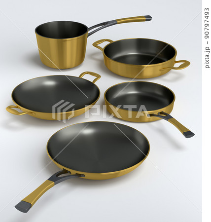 Set of stewpot, frying pan and chrome plated cookware on white background 90797493