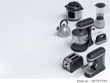 Electric kitchen appliances and utensils for making breakfast on white 90797494