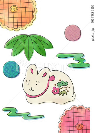 水彩風手描きの年賀状 和風うさぎ 文字なし 水彩風手描きの年賀状 和風うさぎ 文字なし 90798586