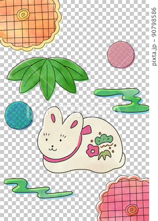 水彩風手描きの年賀状 和風うさぎ 文字なし 水彩風手描きの年賀状 和風うさぎ 文字なし 90798586