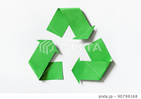 recycling concept - recycling symbol and objects, top view recycling concept - recycling symbol and objects, top view 90799168