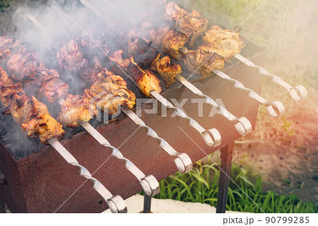 preparation of fragrant delicious barbecue on the grill on outside preparation of fragrant delicious barbecue on the grill on outside 90799285