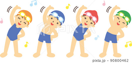 水泳をする前に、スクール水着姿で準備体操をする子どもたち 90800462