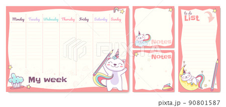 Flat school timetable schedule for kids with with cute unicorn cat 90801587