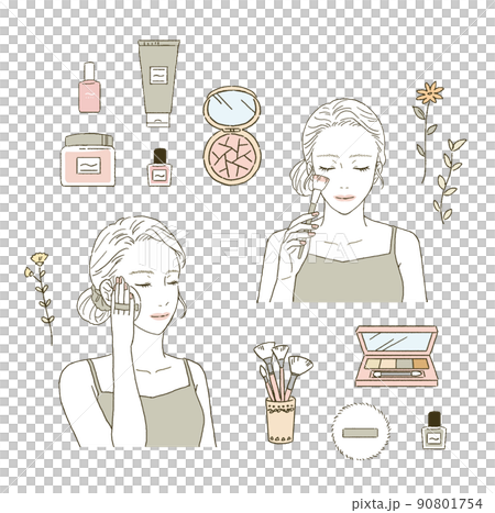 ビューティー　メイクする女性とコスメイラストレーションセット 90801754