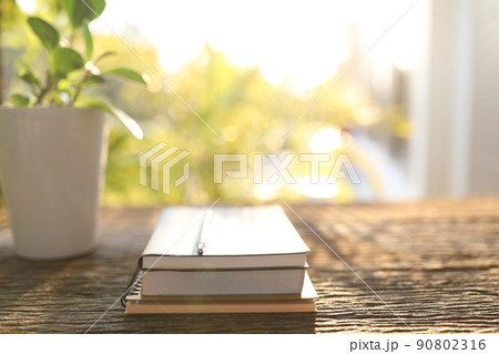 Books and plant pot on wooden table Books and plant pot on wooden table 90802316