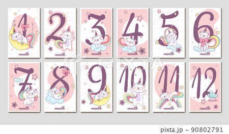 Flat baby monthly milestone cards with unicorn cats and numbers 90802791