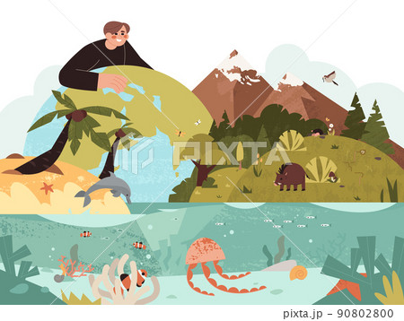 Ecologyst man protecting biodiversity of plants, birds, animals, ocean life Ecologyst man protecting biodiversity of plants, birds, animals, ocean life 90802800