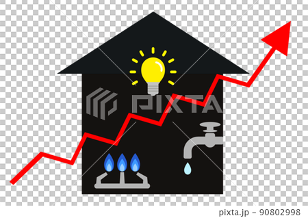 家庭の光熱費（電気、水道、ガス代）が値上がりしているイメージ。 90802998
