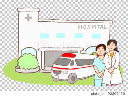 総合病院と医師と看護師と救急車のイラスト 総合病院と医師と看護師と救急車のイラスト 90804410