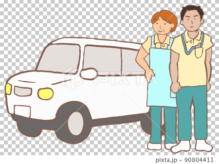 かわいい男女の訪問ヘルパーと車のイラスト かわいい男女の訪問ヘルパーと車のイラスト 90804411