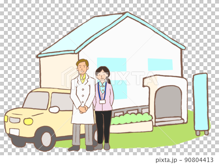 訪問診療クリニックと往診医とMSWのイラスト 90804413