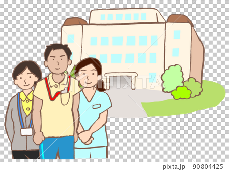 高齢者施設と介護福祉士と看護師と入居相談員のイラスト 90804425