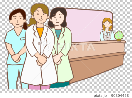 Illustration of a mental clinic receptionist and a female psychiatrist, nurse and clinical psychologist 90804438
