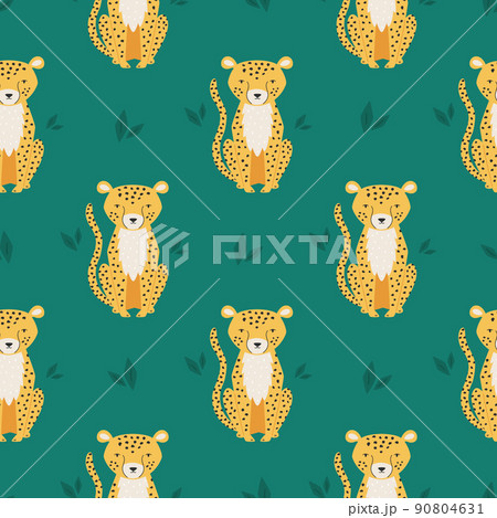 Vector seamless pattern with cute cheetahs and green foliage 90804631