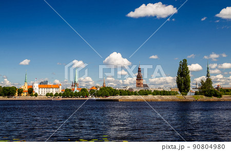 Famous, panorama, Riga St. Peter's Church, Riga Cathedral,Riga, amazing, trees, entertainment boat , bank, Daugava , fantastic, architecture, Middle Ages,  travel , vacations, Latvia,  capital, 90804980