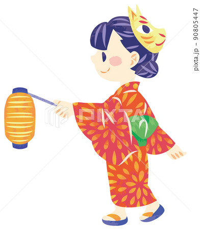夏祭り 浴衣で提灯を持つ女の子のイラストのイラスト素材