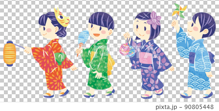 夏祭り　浴衣で歩く子供たちのイラスト 90805448