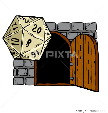 Dungeon and dragons board game. 20 sided dice and entrance to castle. Dungeon and dragons board game. 20 sided dice and entrance to castle. 90805562
