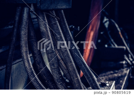 Closeup old corrugated hose. Plastic spare parts 90805619