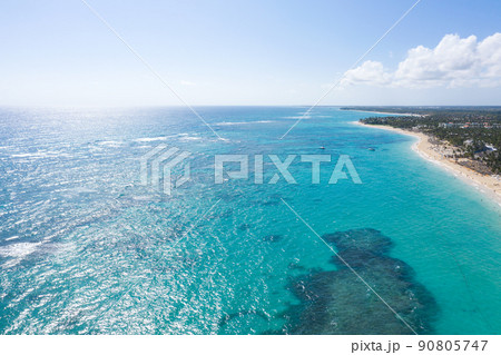 Bounty and pristine coastline with resorts, palm trees, caribbean sea and people having fun on beach. Dominican Republic. Aerial view 90805747