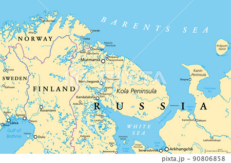 Murmansk Oblast and Kola Peninsula, political map. Federal subject of Russia, part of Lapland region, bordering Norway and Finland. With Murmansk, most important port city of Russia on Arctic Ocean. 90806858