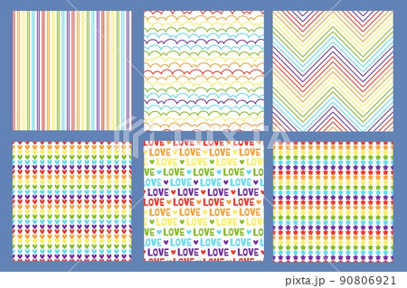Seamless pride pattern. Rainbow gradient lines, hearts stripes and love text in LGBT flag colors seamless vector backgrounds set 90806921