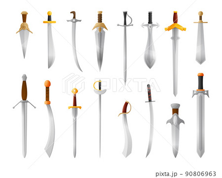 Cartoon medieval sword. Metal blade weapon, knight saber and war dagger. Antique swords isolated vector illustration set 90806963