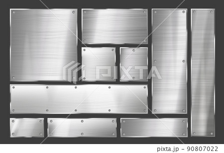 Metal plate. Brushed steel sign frame with metal rivets, polished metallic signboard background vector set Metal plate. Brushed steel sign frame with metal rivets, polished metallic signboard background vector set 90807022