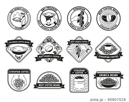 Coffee farm badges. Ethiopian arabica, hand-picked beans and farmers vector labels set 90807028