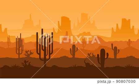 Texas desert sunset. Arizona landscape, valley of cacti with mountains silhouettes background panoramic vector illustration 90807030