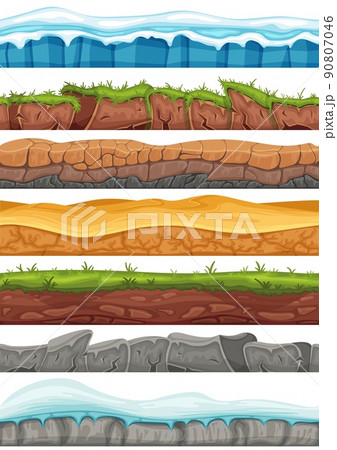 Cartoon seamless grounds. Game background assets of rocks way texture, snowy land, desert sands and green meadow landscape vector Illustration set. 90807046