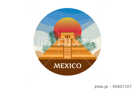 Maya pyramid icon, Temple of Kukulcan, El Castillo pyramid in Chichen Itza flat design, ancient Mayan sacred architecture in Yucatan, Mexico. Circle logo tourism, Vector isolated on white background  90807107