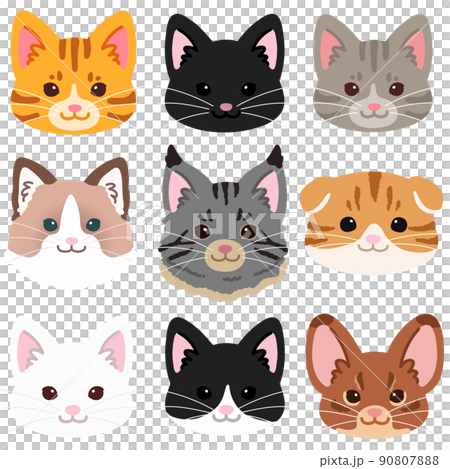 シンプルで可愛い猫の顔のイラストセット A　主線なし 90807888