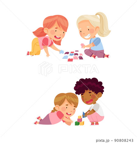 Boy and girl playing with toy blocks and solving puzzle together. Education and development concept cartoon vector illustration Boy and girl playing with toy blocks and solving puzzle together. Education and development concept cartoon vector illustration 90808243