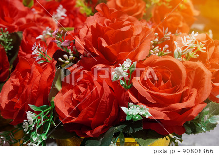 closeup red rose flowers and white flowers bouquet background, nature, copy space 90808366