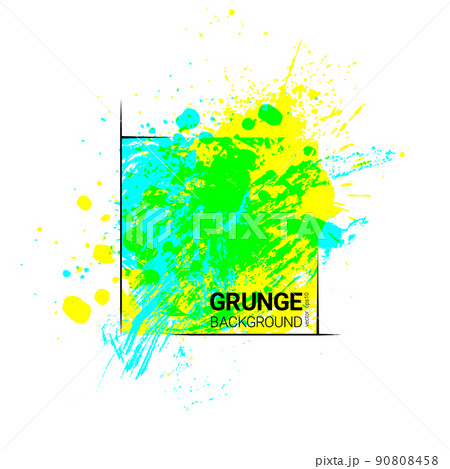 Bright ink watercolor splash, colorful blobs, abstract drops and strokes with black linear square on white background. Vector illustration 90808458
