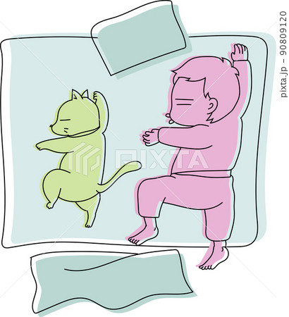 ネコと同じポーズで眠る子供 ネコと同じポーズで眠る子供 90809120