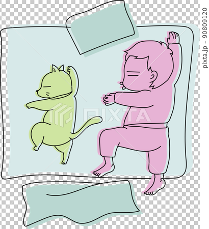 ネコと同じポーズで眠る子供 ネコと同じポーズで眠る子供 90809120