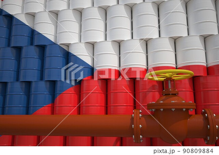 Oil pipe and barrels with painted flag of the Czech Republic. Petroleum industry related 3d rendering Oil pipe and barrels with painted flag of the Czech Republic. Petroleum industry related 3d rendering 90809884