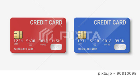 Vector 3d Realistic Red and Blue Blank Credit Card Isolated. Design Template of Plastic Credit or Debit Card for Mockup, Branding. Credit Card Payment Concept. Front Side 90810098