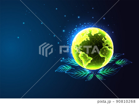 Concept of sustainable development with green Earth globe and leaves in futuristic glowing on blue  90810268