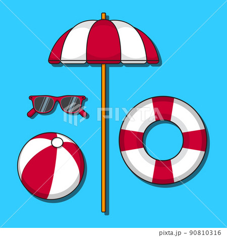 Cartoon set of illustrations of a red and white life buoy, beach ball, beach umbrella and sunglasses on a blue background. 90810316