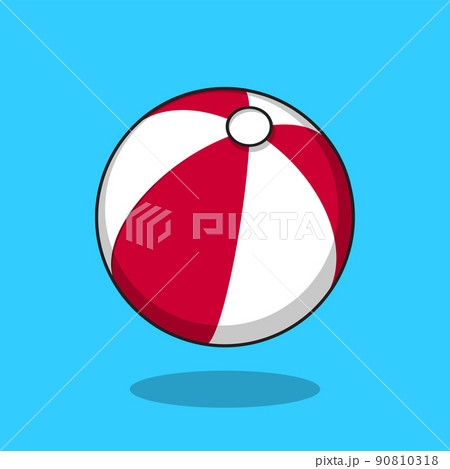 Cartoon illustration of an inflatable red-white ball with a shadow, on a blue background. 90810318
