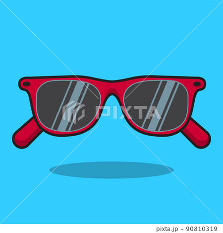 Cartoon illustration of red sunglasses, with shadow, on a blue background. Cartoon illustration of red sunglasses, with shadow, on a blue background. 90810319